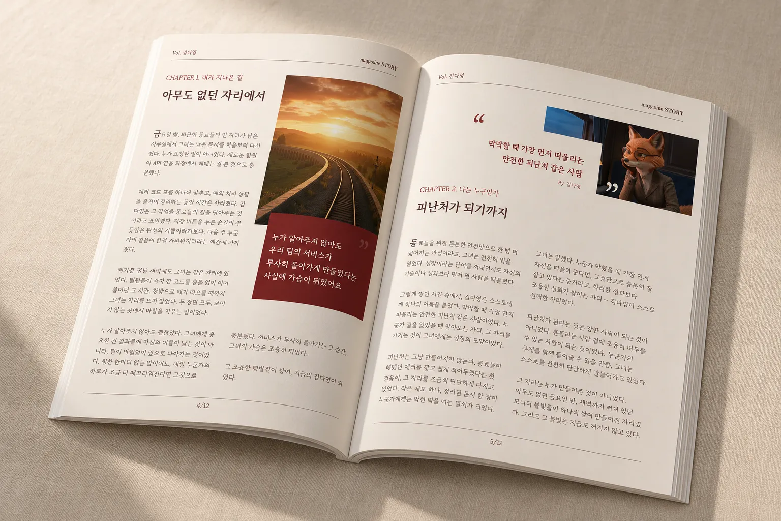 LG인화원 매거진 LG인화원 교육 프로그램 〈Vision Express〉 참가자에게, 편집장 엘아울과 나눈 대화를 자기 이름이 박힌 매거진 한 부로 돌려주는 AI 에디토리얼 서비스입니다.